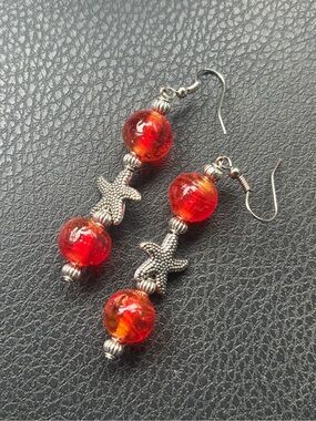 Handmade Red Glass Bead Starfish Drop Earrings